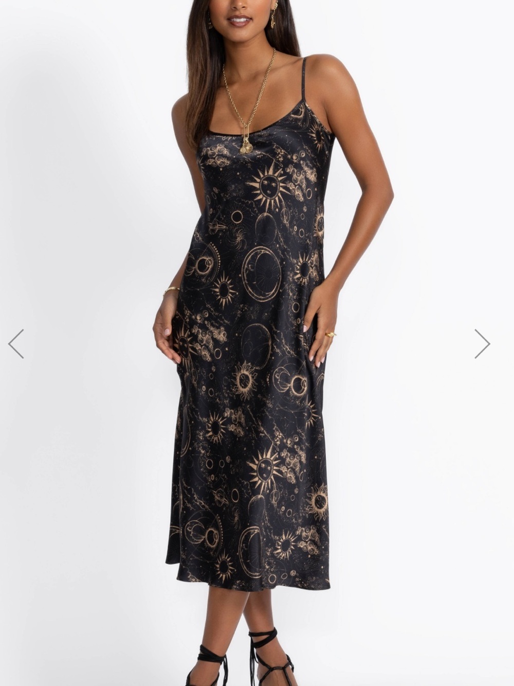 Johnny Was Workshop Black & Gold Celestial Slip Midi Dress silk Sz XS